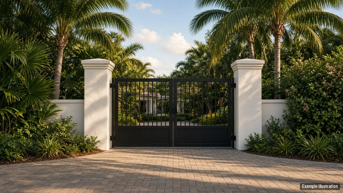 Black aluminum double swing driveway gate between stucco columns at a Fort Myers home
