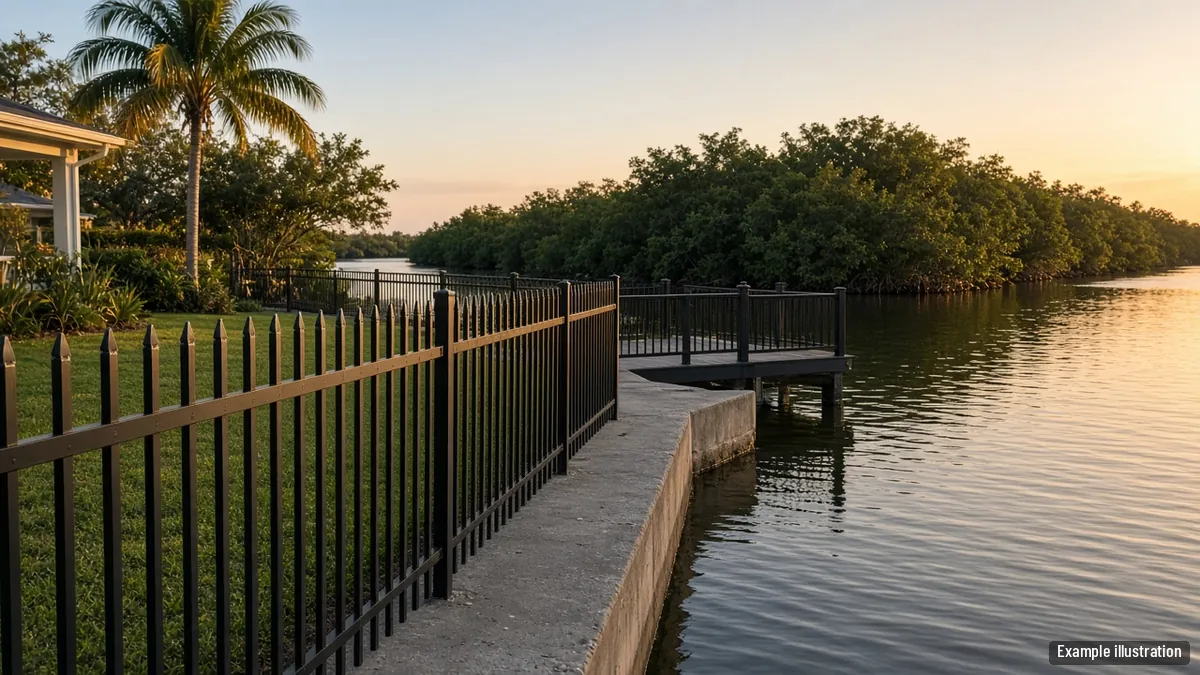 Black aluminum fence set back from a canal seawall behind a Fort Myers home