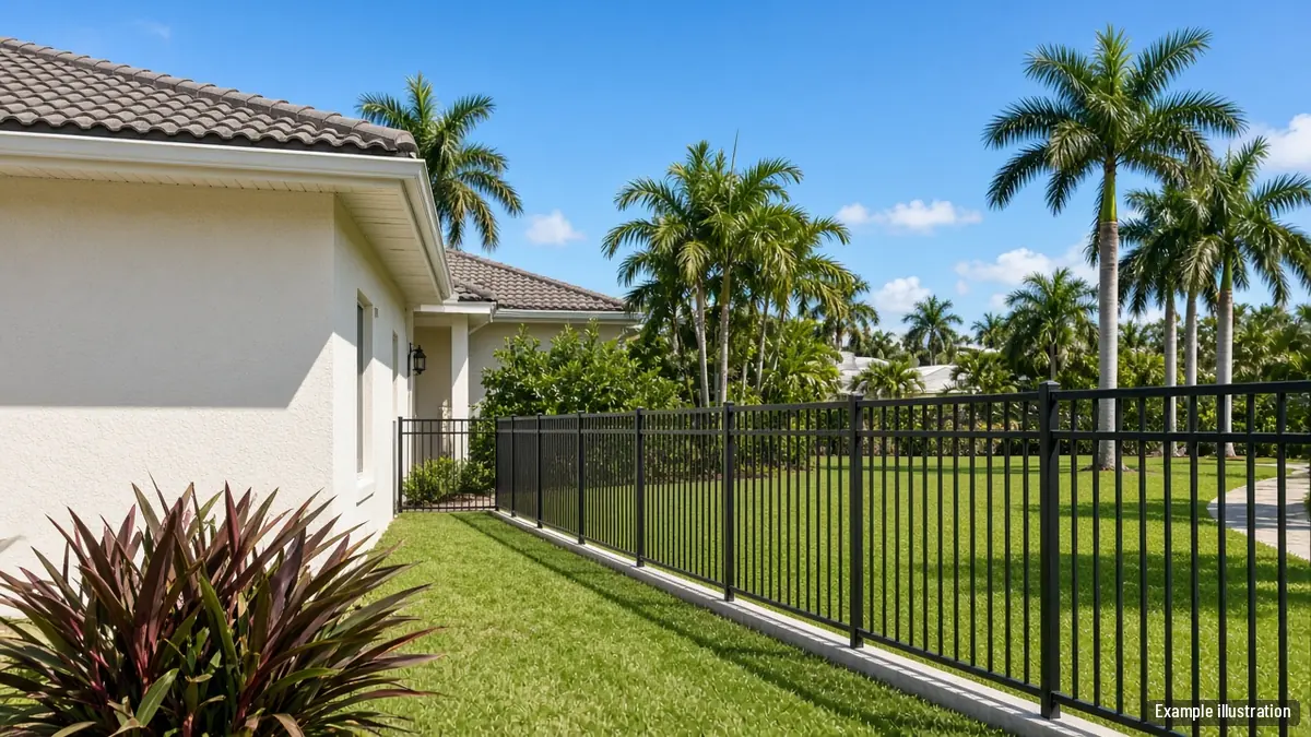 Black aluminum picket fence along the side yard of a cream stucco home with palms