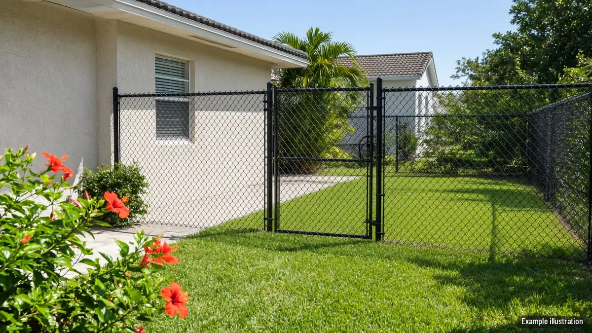 Black vinyl-coated chain link fence and gate in the side yard of a Fort Myers home