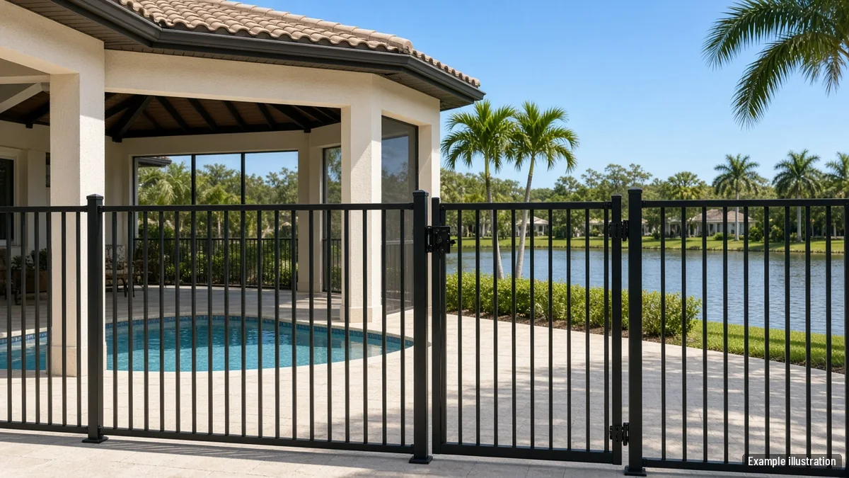 Black aluminum fence and gate around a pool deck behind a Mediterranean-style home beside a lake