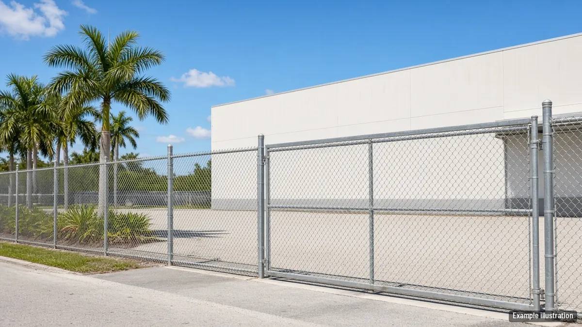 Tall chain link fence with a rolling gate around an unbranded equipment yard