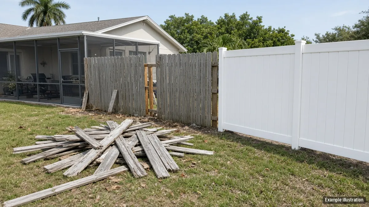 Old gray wood fence half removed next to newly installed white vinyl panels