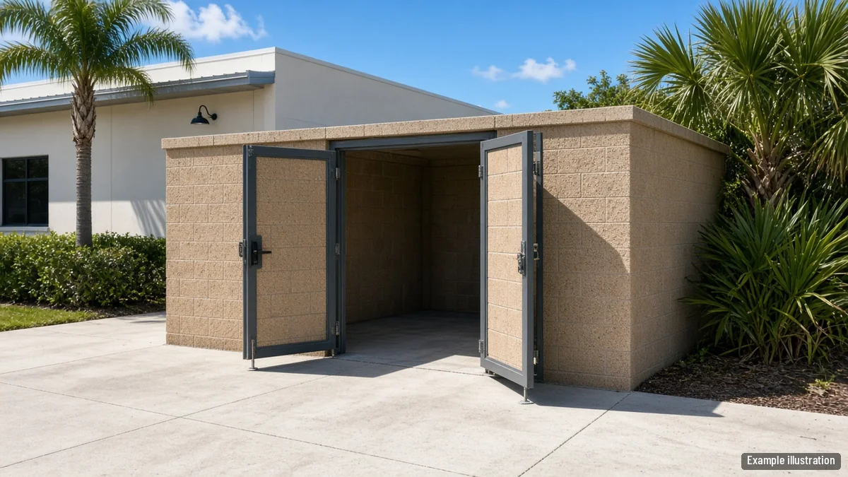Tan screened dumpster enclosure with steel-framed gates behind an unbranded building