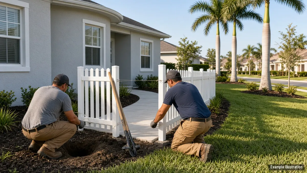Crew setting posts for a white picket fence along a front walk of a stucco home in a planned community
