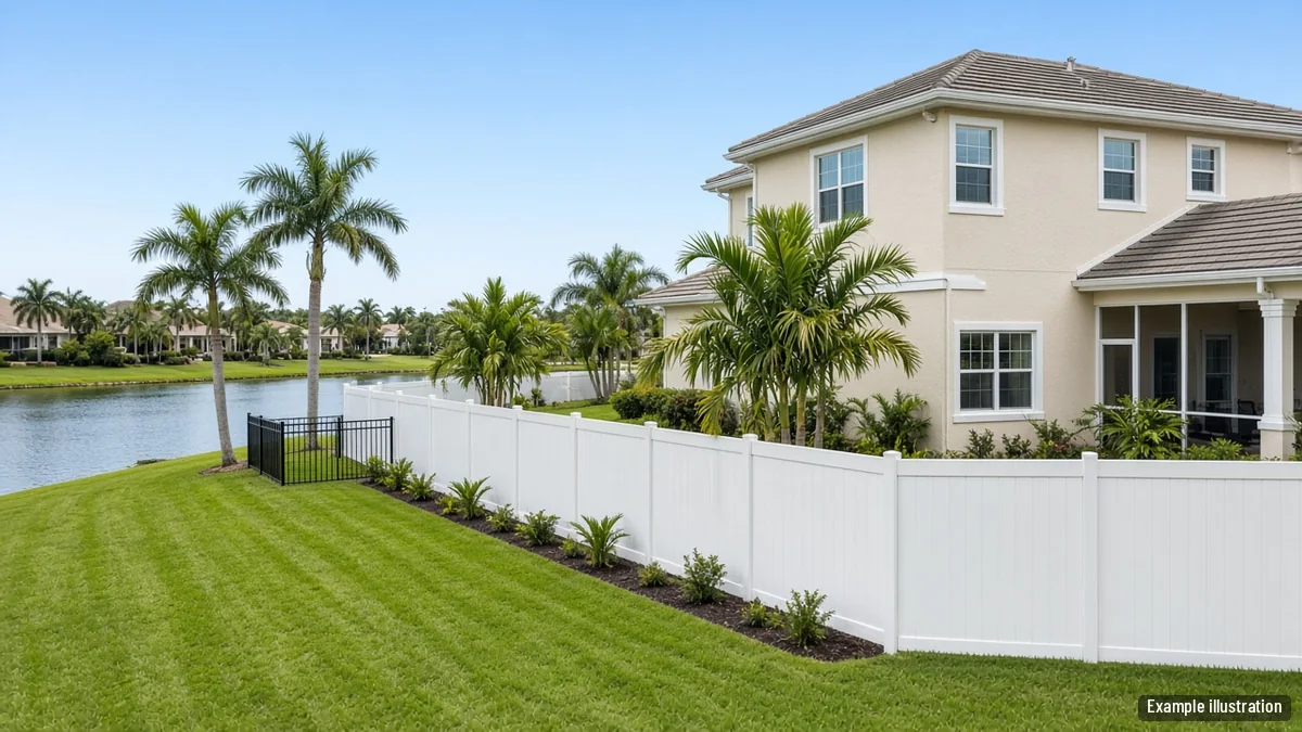 Six-foot white vinyl privacy fence behind a two-story home in a planned community with a lake view
