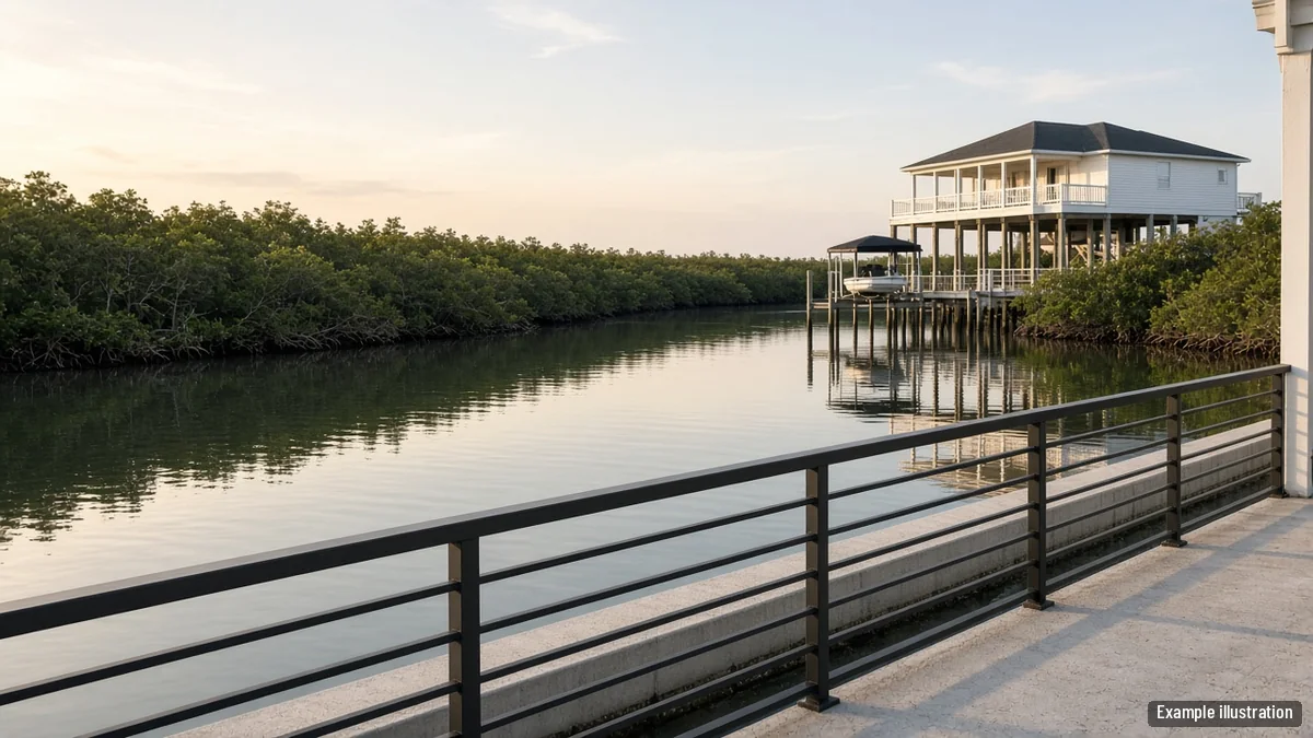Low open metal fence along a seawalled canal across from a stilt home with a boat lift