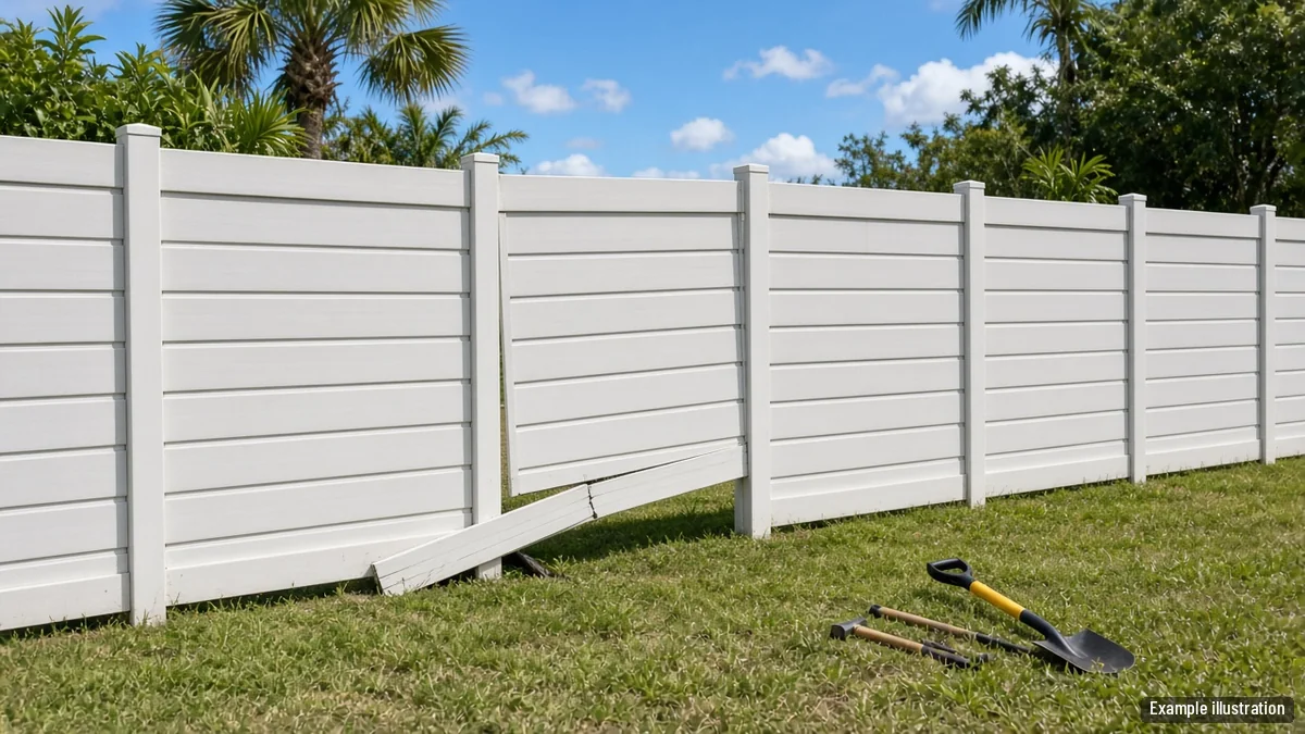Leaning white vinyl fence section with a cracked rail beside a straight run of fence
