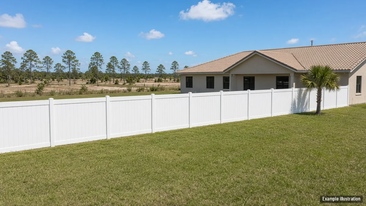 New white vinyl privacy fence around the backyard of a newly built single-story stucco home on a grassy lot