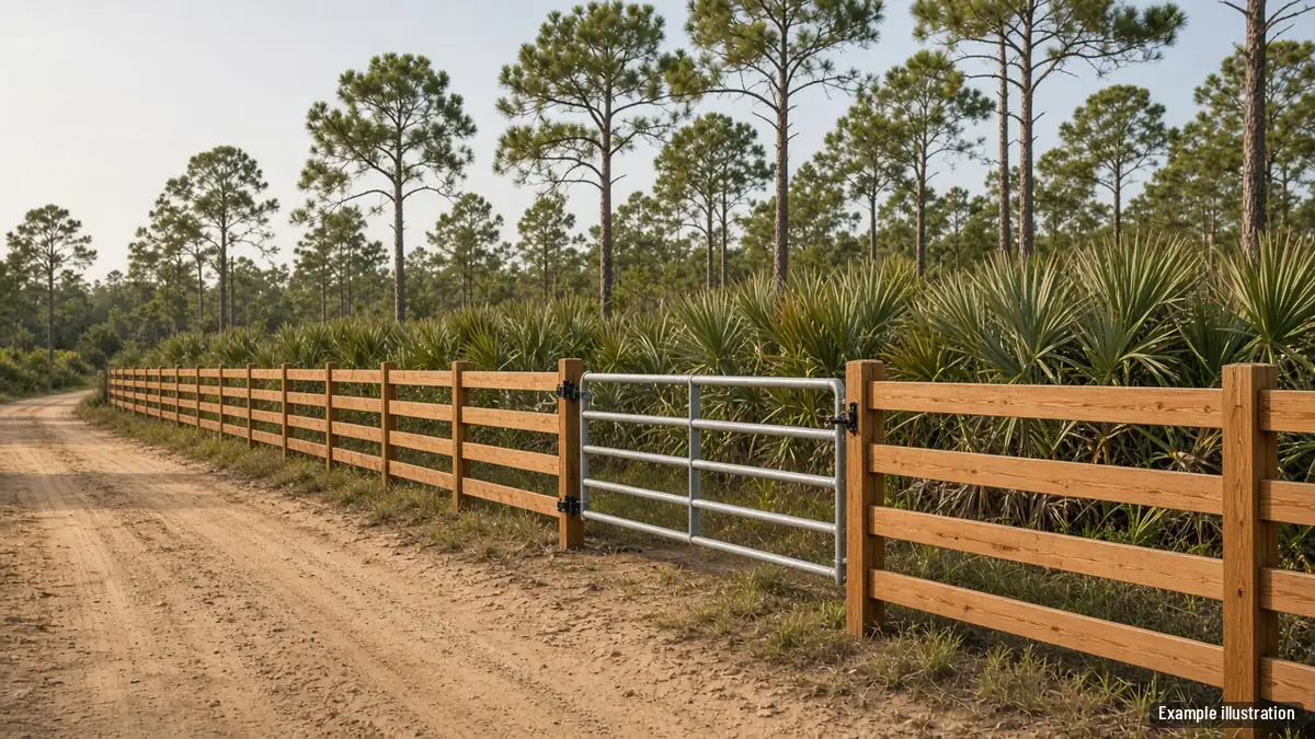 Four-rail wood fence along a rural property line with a pipe gate and palmettos