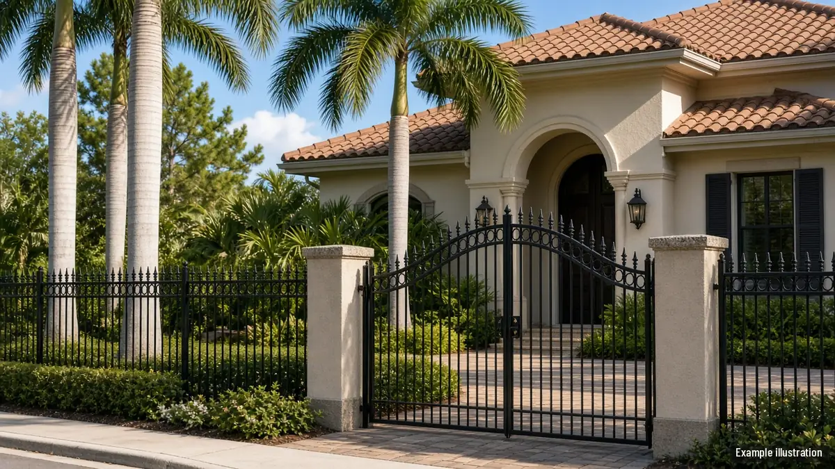 Black ornamental steel fence with finials and an arched walk gate at a Mediterranean-style home