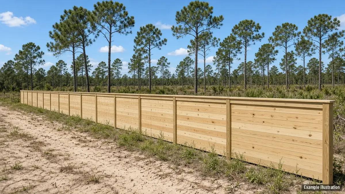 New pressure-treated pine board fence along a long back line of a large Lee County lot