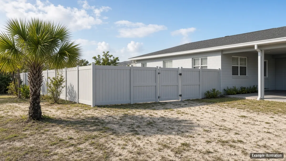 Gray vinyl privacy fence and double drive gate beside a single-story concrete block home