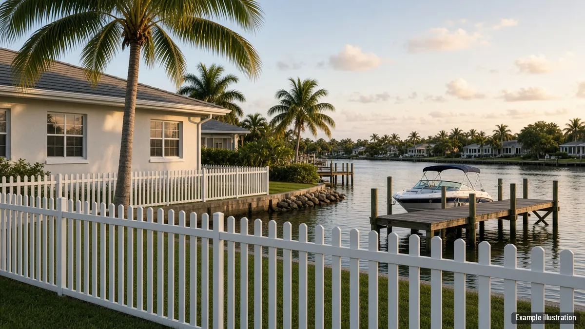 White picket fence along a canal-front yard with a boat dock in a coastal neighborhood