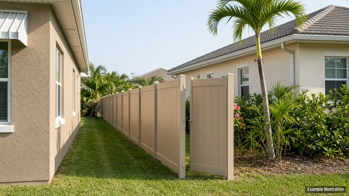 Tan vinyl privacy fence on a shared side line between two single-story homes