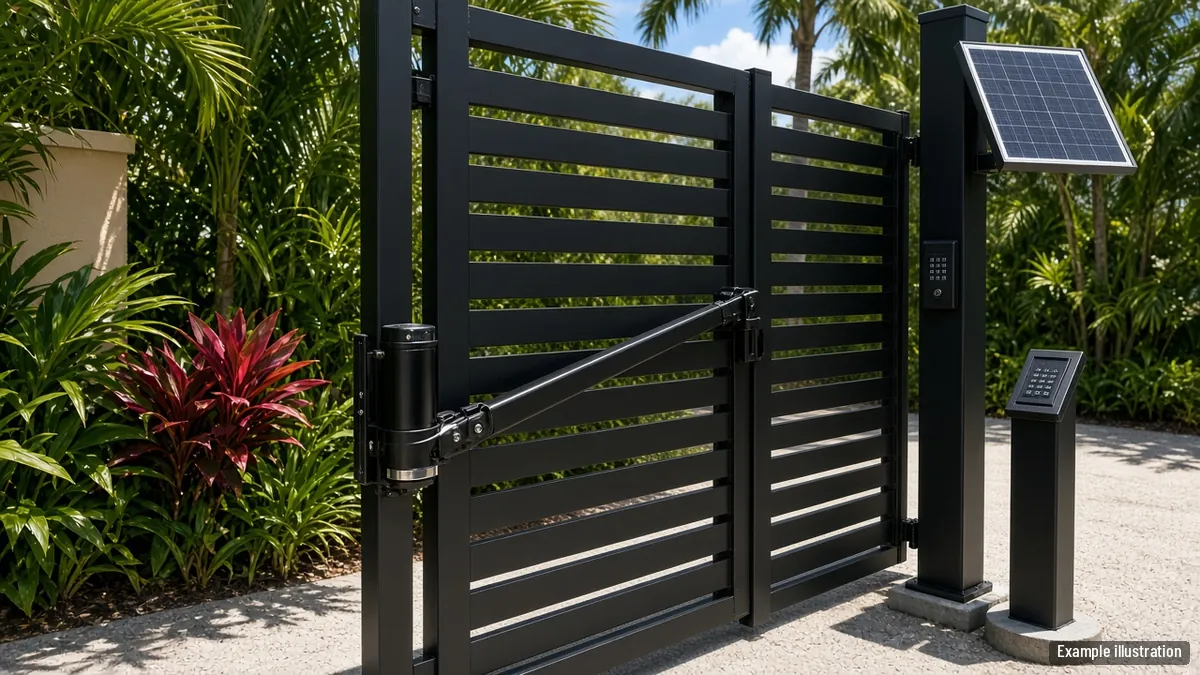 Swing gate operator arm and small solar panel on a post beside an aluminum driveway gate