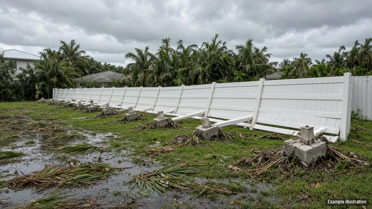 Long run of white vinyl fence blown flat in a Fort Myers backyard after a storm