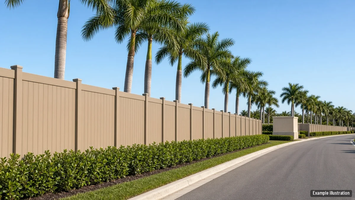 Long perimeter fence with landscaping along the outside of a Fort Myers subdivision entrance
