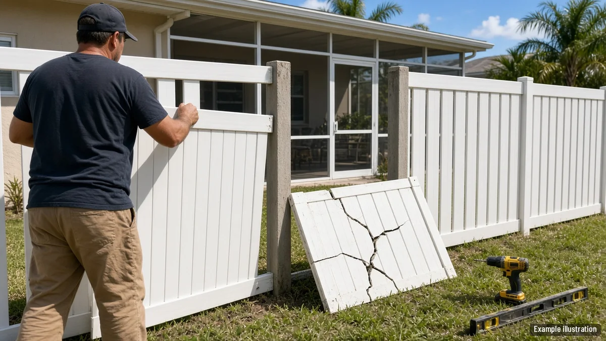 Fence contractor replacing a cracked white vinyl panel in a backyard fence