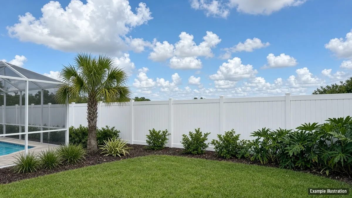 White vinyl privacy fence along the back line of a Fort Myers yard with a palm and a lanai